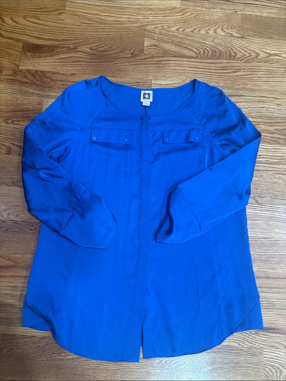 Anne Klein Cobalt Blue Long-Sleeve button up Tunic Blouse 3/4 sleeve relaxed Med